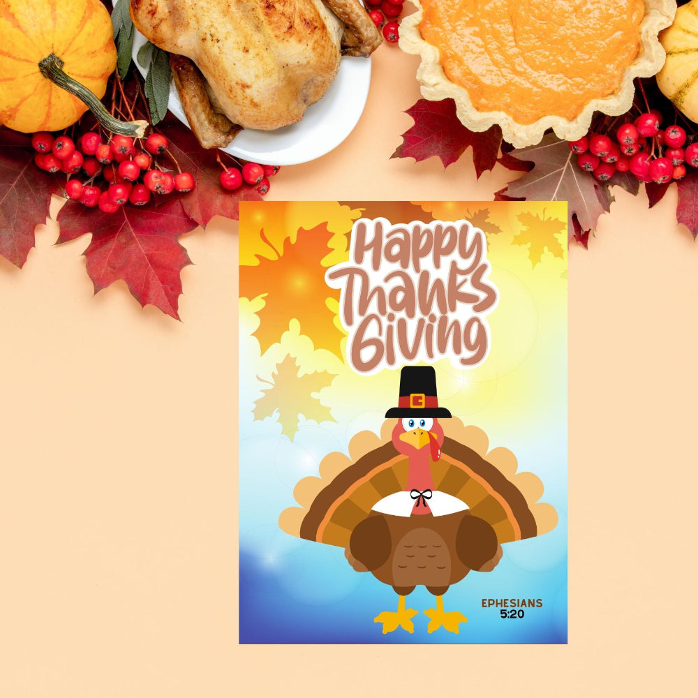 A colorful booklet with a cartoon turkey and pumpkins, titled 'Happy Thanksgiving' with a Bible verse.