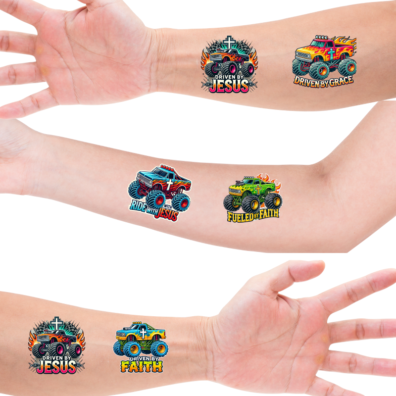 Christian Themed Monster Truck Temporary Tattoos, Bulk 50 Count