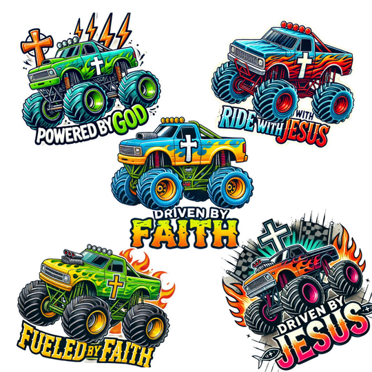 Christian Themed Monster Truck Temporary Tattoos, Bulk 50 Count