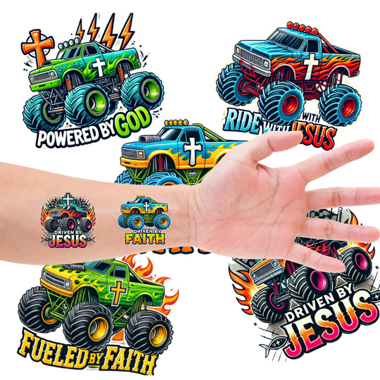 Christian Themed Monster Truck Temporary Tattoos, Bulk 50 Count