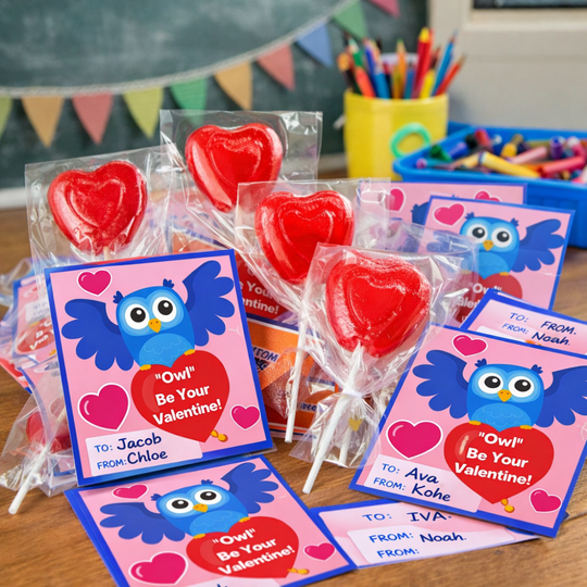 Valentine's Day exchange cards with cute owl and red heart lollipops on a classroom table.