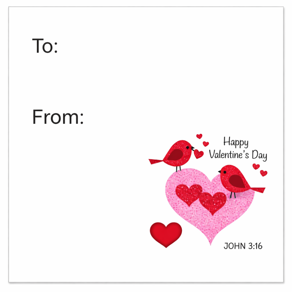 Valentine's Day card with two red birds on a pink heart, 'Happy Valentine's Day' text, and 'John 3:16' quote.