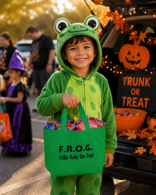 A smiling young boy in a green frog costume stands in front of a decorated Halloween trunk, holding a green tote bag that says 'F.R.O.G