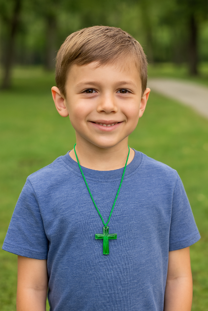 boys wearing crystal cross necklace