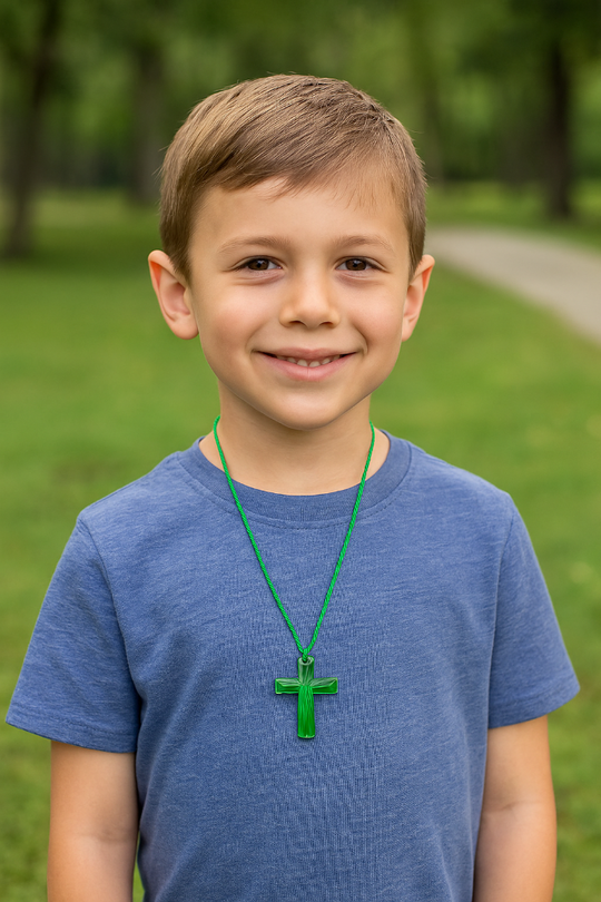 boys wearing crystal cross necklace