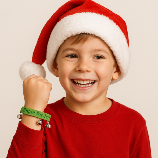 boy wearing jingle for Jesus bracelet with Santa hat on