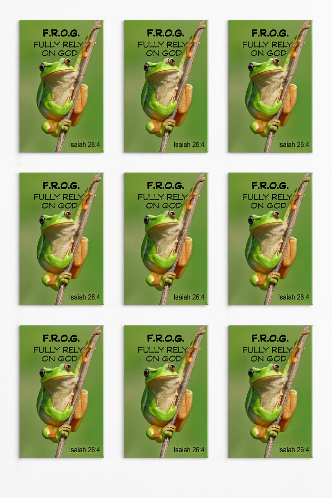 Set of 10 green cards with frog illustrations and 'F.R.O.G. Fully Rely on God' text.