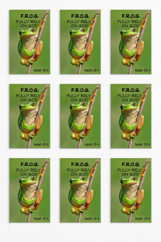 Set of 10 green cards with frog illustrations and 'F.R.O.G. Fully Rely on God' text.