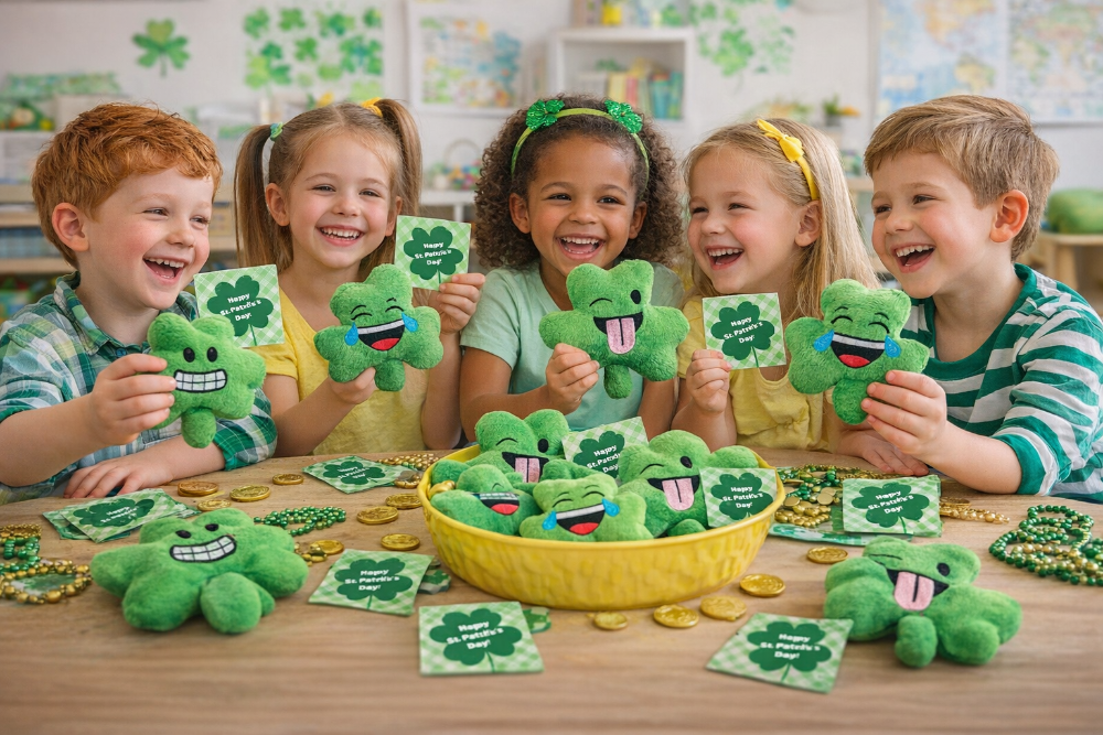 Children in a classroom setting holding green plush shamrock toys and cards.