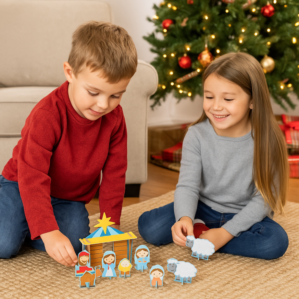 Two children playing with a nativity scene set in front of a decorated Christmas tree.