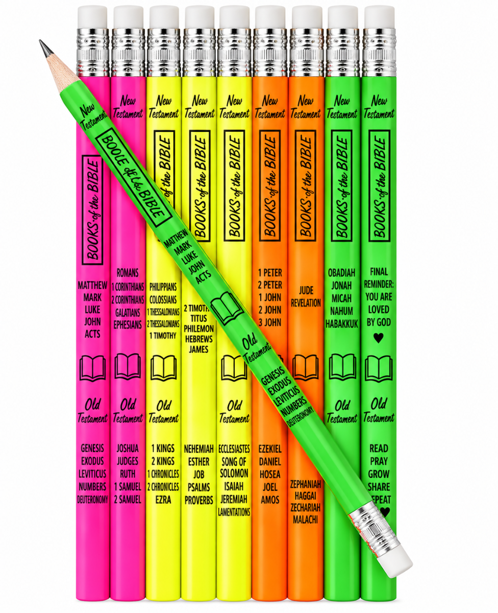 A set of colorful pencils arranged upright in a fan shape with one green pencil laid diagonally across them. Each pencil is printed with Bible book titles and verses, and the eraser ends are labeled 'NEW TESTAMENT'.
