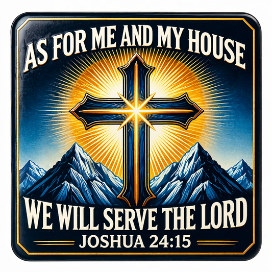 Decorative plaque with cross, mountains, and text 'As for me and my house, we will serve the Lord' from Joshua 24:15.