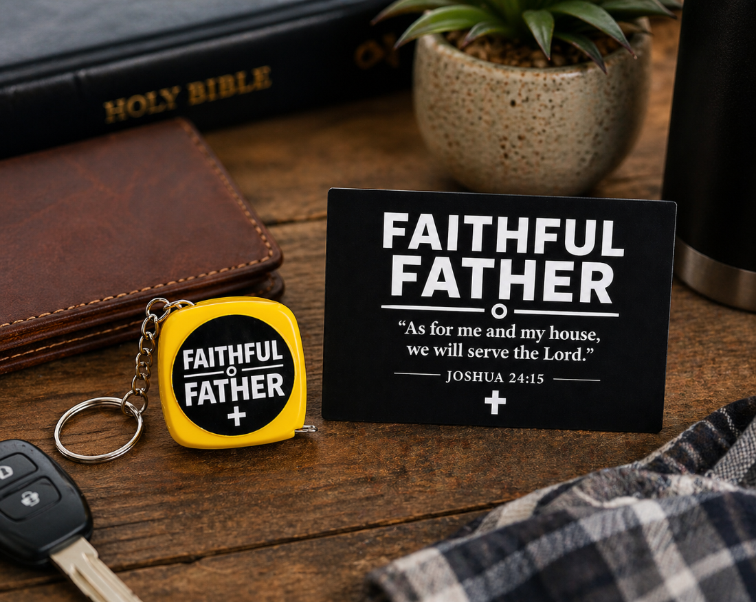 Keychain with 'Faithful Father' tag and card on a wooden surface with Bible and plant in the background.