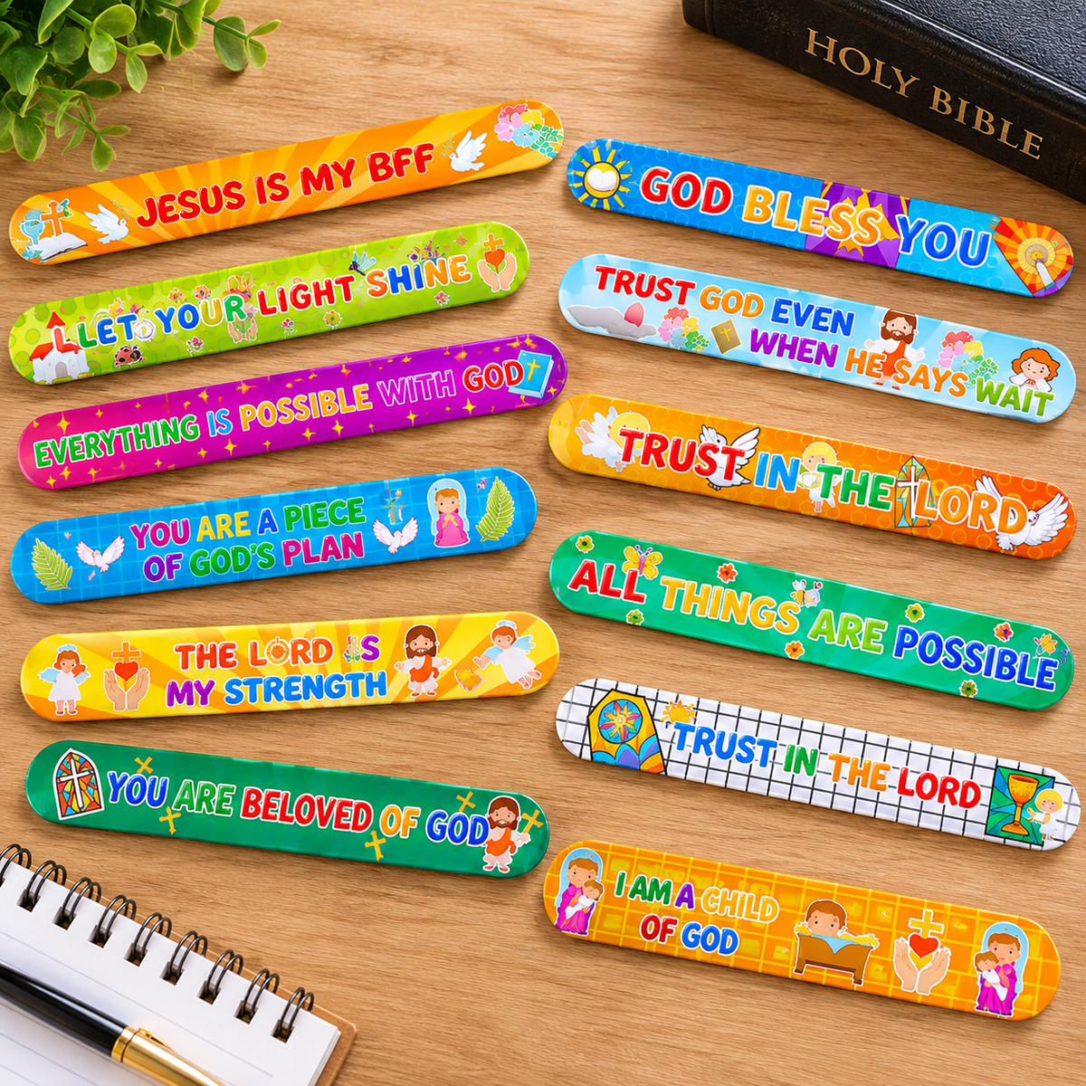 Christian Bible verse slap bracelets bulk for Sunday school supplies