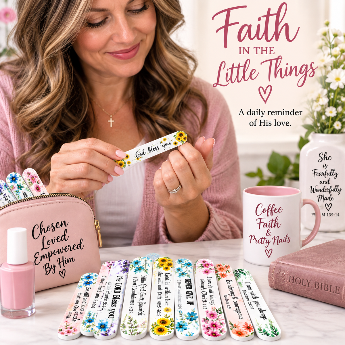 A woman holds a floral nail file over a desk with several matching printed nail files, a pink makeup bag, a pink nail polish bottle, a mug, and a Bible on a tabletop. Text on the image reads 'Faith in the Little Things' and includes motivational phrases such as 'God bless you' and 'Coffee Faith & Pretty Nails'.