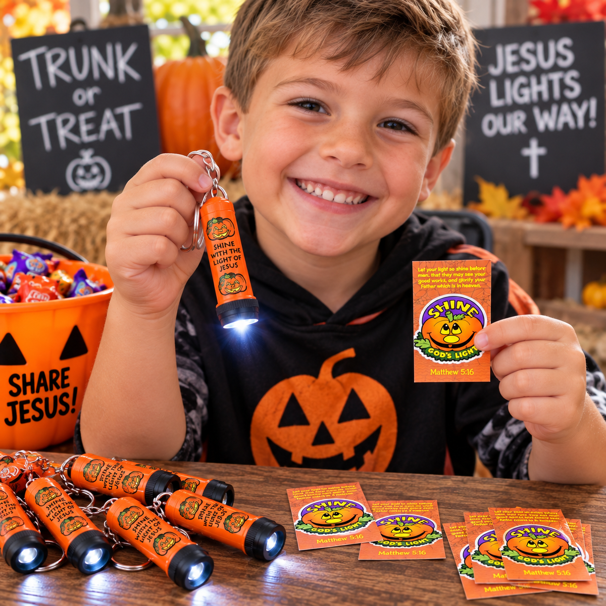 24-Pack Christian Pumpkin Flashlight Keychains & Prayer Cards – Trunk or Treat