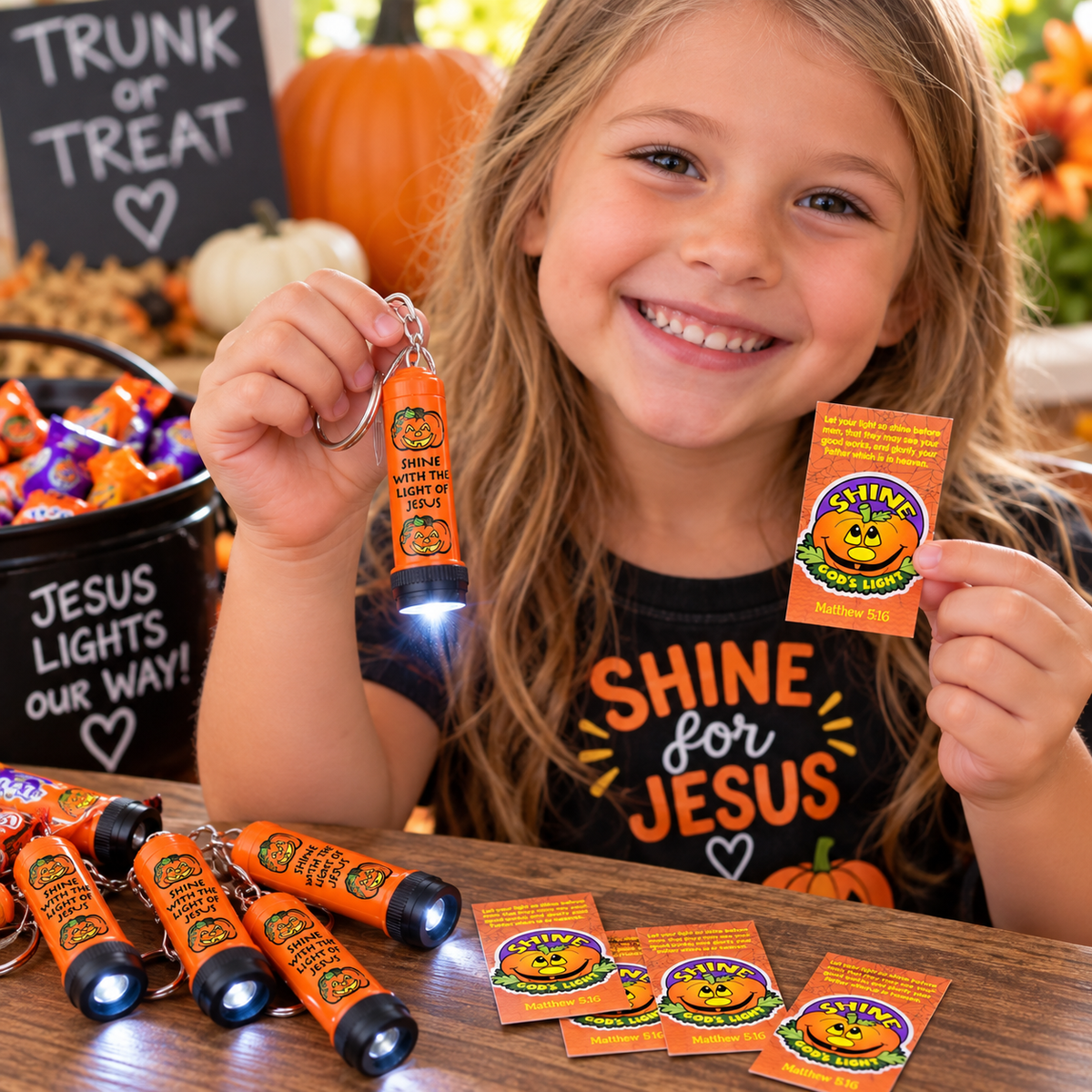 24-Pack Christian Pumpkin Flashlight Keychains & Prayer Cards – Trunk or Treat