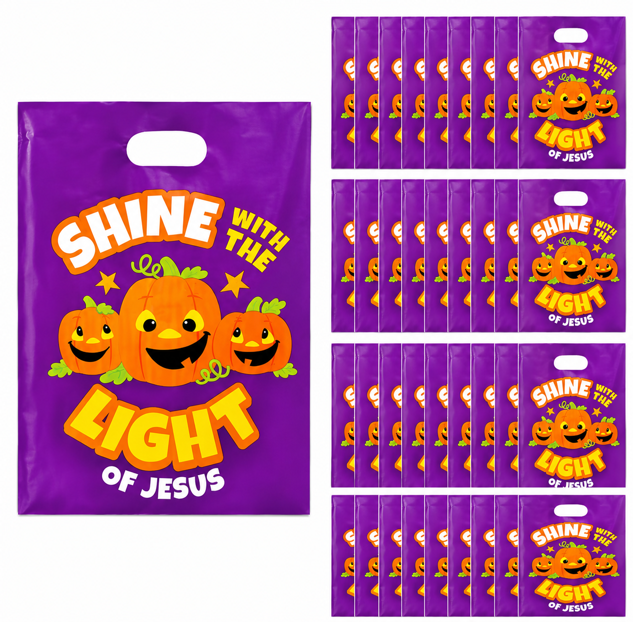Purple Halloween gift bags with a die-cut handle, featuring three smiling pumpkins and the text 'SHINE WITH THE LIGHT OF JESUS' in orange and white. The main bag is shown on the left, with smaller repeated bags on the right to show quantity.