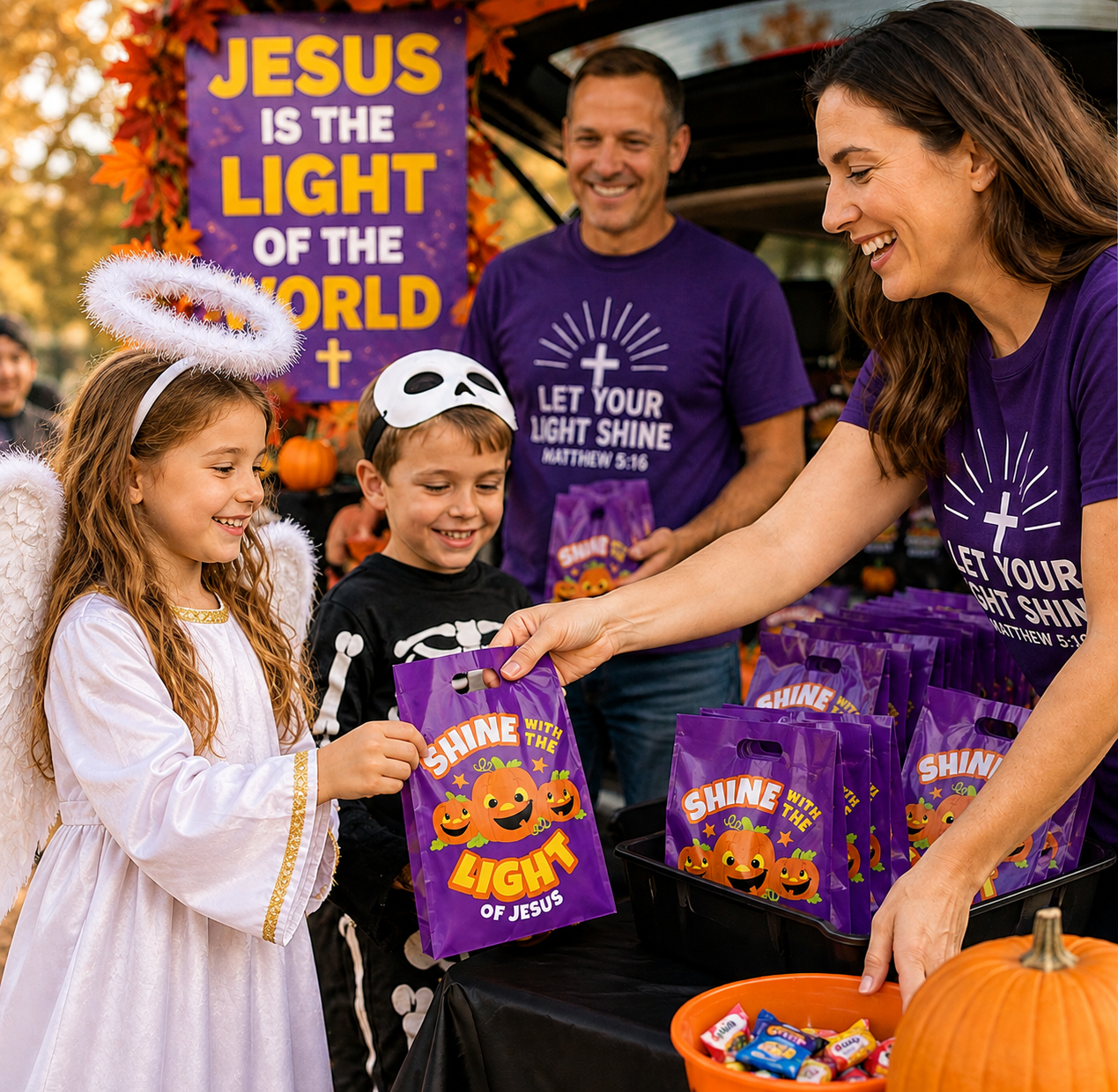 A family participates in a Halloween-themed event, with a woman and a man wearing matching purple t-shirts that read 'LET YOUR LIGHT SHINE MATTHEW 5:16'. They are smiling and handing out purple 'Shine the Light of Jesus' candy bags to children dressed as a angel and skeleton.