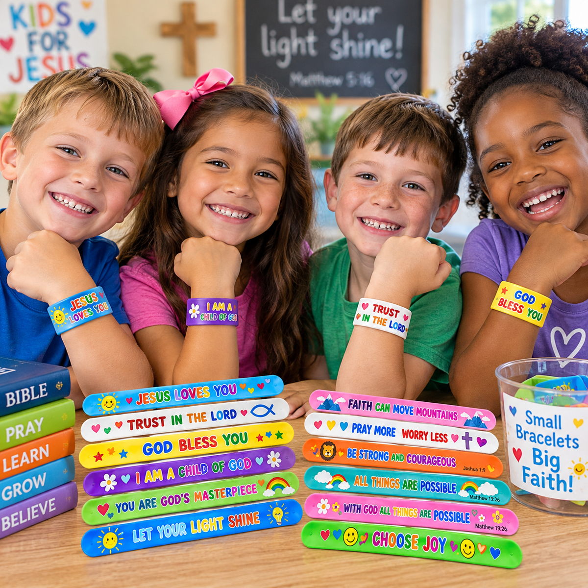 Four smiling children sitting at a table wearing colorful religious wristbands, with matching printed wristbands displayed in front of them and a cup of small bracelets. The scene is indoors with a chalkboard and wall decorations in the background.
