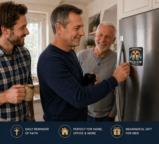 Three men in a kitchen with a refrigerator featuring a magnet, with text about the magnet's features.