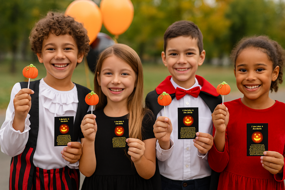Halloween-themed Pumpkin Prayer Pocket Cards with Lollipops, the perfect way to share the Gospel in a fun and meaningful way this fall. Each card measures 3.5" x 2"