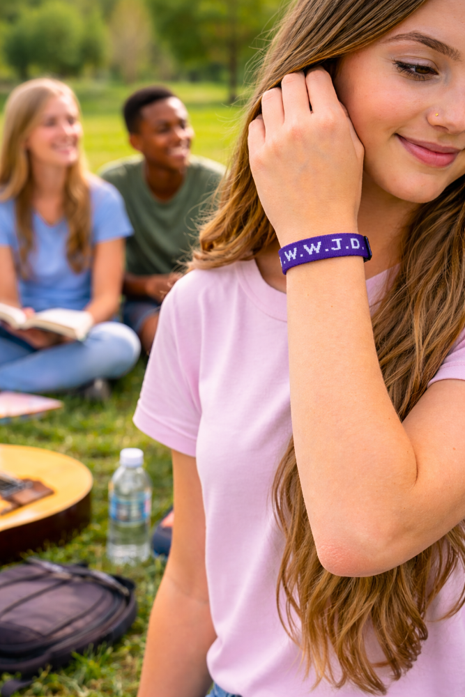 Girl wearing a purple wristband with 'W.W.J.D.' sitting outdoors with friends.