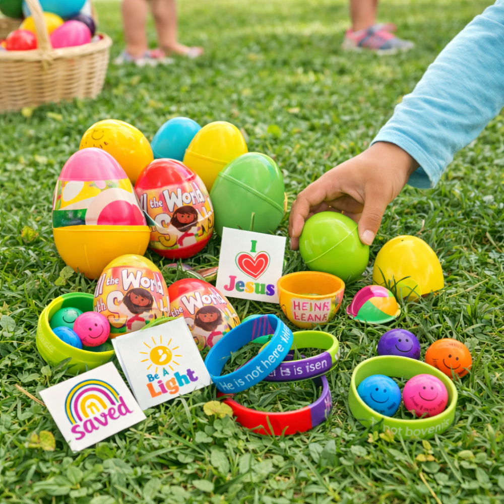 Colorful Easter eggs and items on grass with a child's hand reaching for an egg.