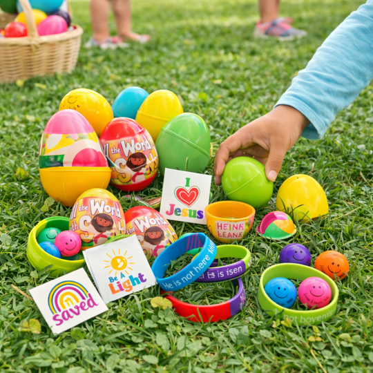 Colorful Easter eggs and items on grass with a child's hand reaching for an egg.