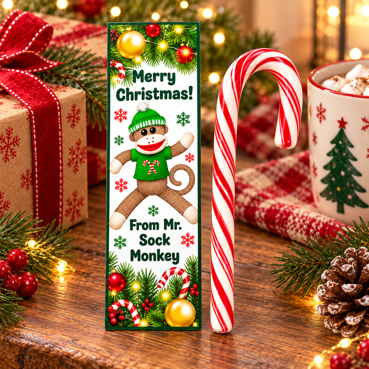 12-pack Christmas sock monkey bookmark and candy cane gift sets featuring festive green and red holiday designs. Fun Christmas party favors, classroom giveaways, Sunday School gifts, and stocking stuffers for kids.