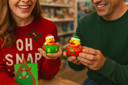Two people holding ugly sweater Christmas-themed rubber duckies in a store setting.