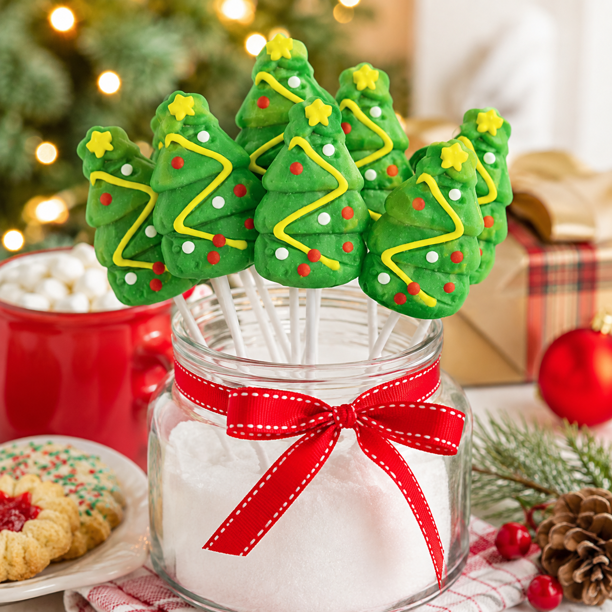 Christmas tree-shaped cookies on white sticks arranged in a clear glass jar filled with white sugar or snow, tied with a red ribbon. The scene is decorated with a blurred Christmas tree, wrapped gifts, a red mug, and holiday props.