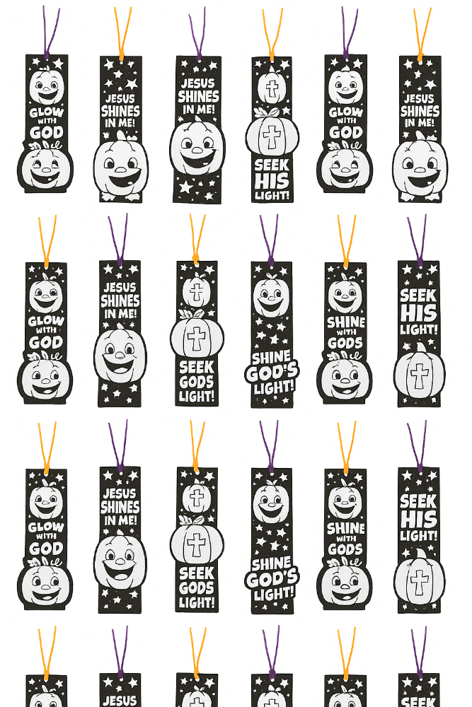Set of Halloween-themed bookmarks with religious text and graphics on a white background.