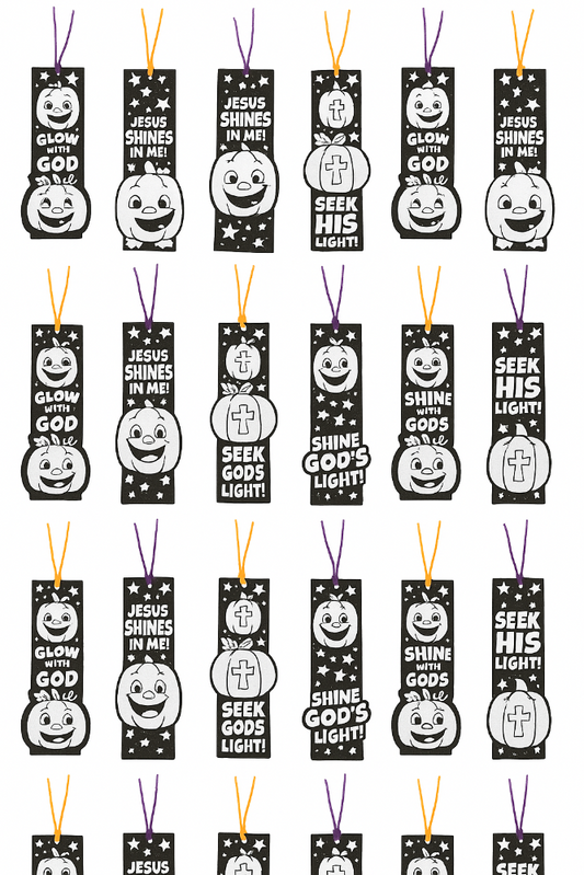 Set of Halloween-themed bookmarks with religious text and graphics on a white background.