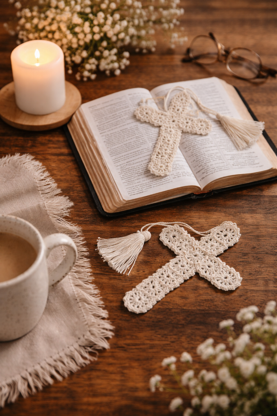 Open book with crocheted cross bookmarks on a wooden table with a cup of coffee, candle, and glasses.
