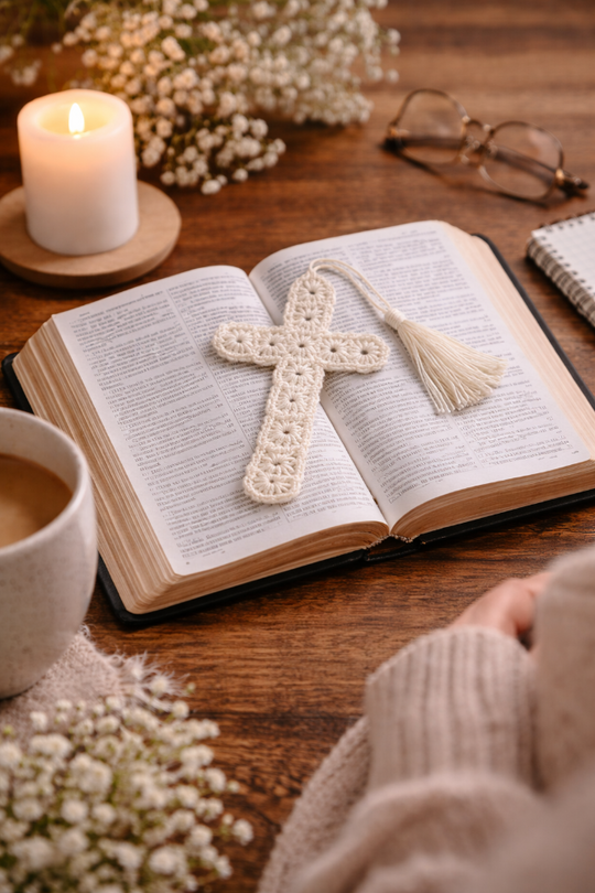 Open book with a crocheted cross bookmark on a wooden table with a candle and flowers.
