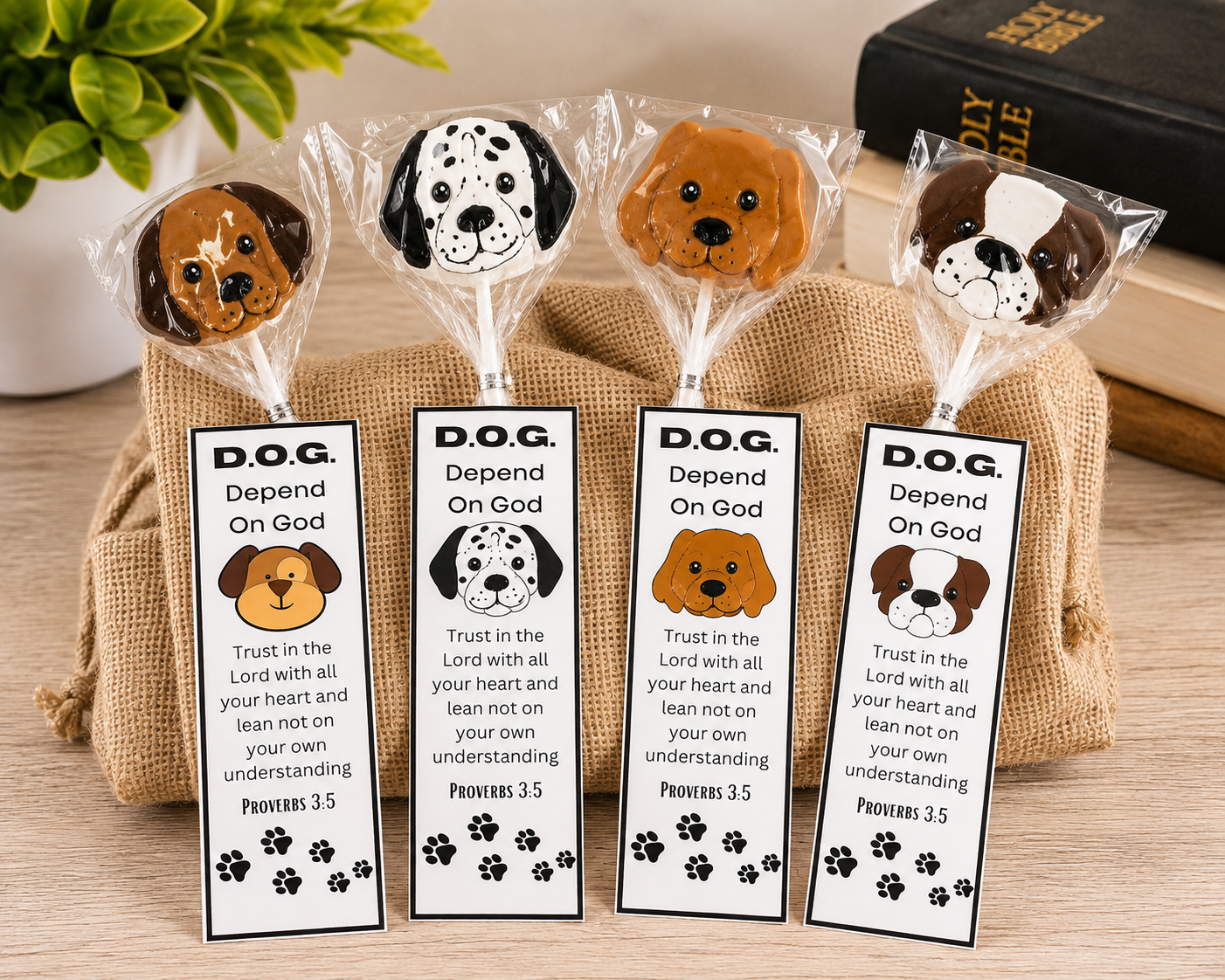 Depend on God Bookmarks with Dog Lollipops – Bulk Pack of 12 | Christian Party Favors for VBS & Sunday School
