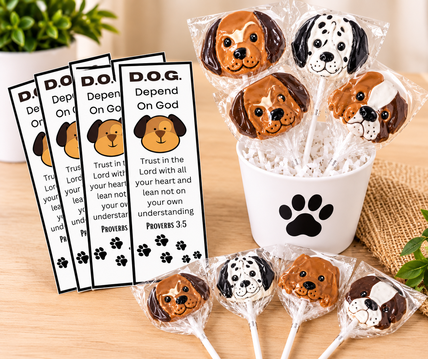 Depend on God Bookmarks with Dog Lollipops – Bulk Pack of 12 | Christian Party Favors for VBS & Sunday School