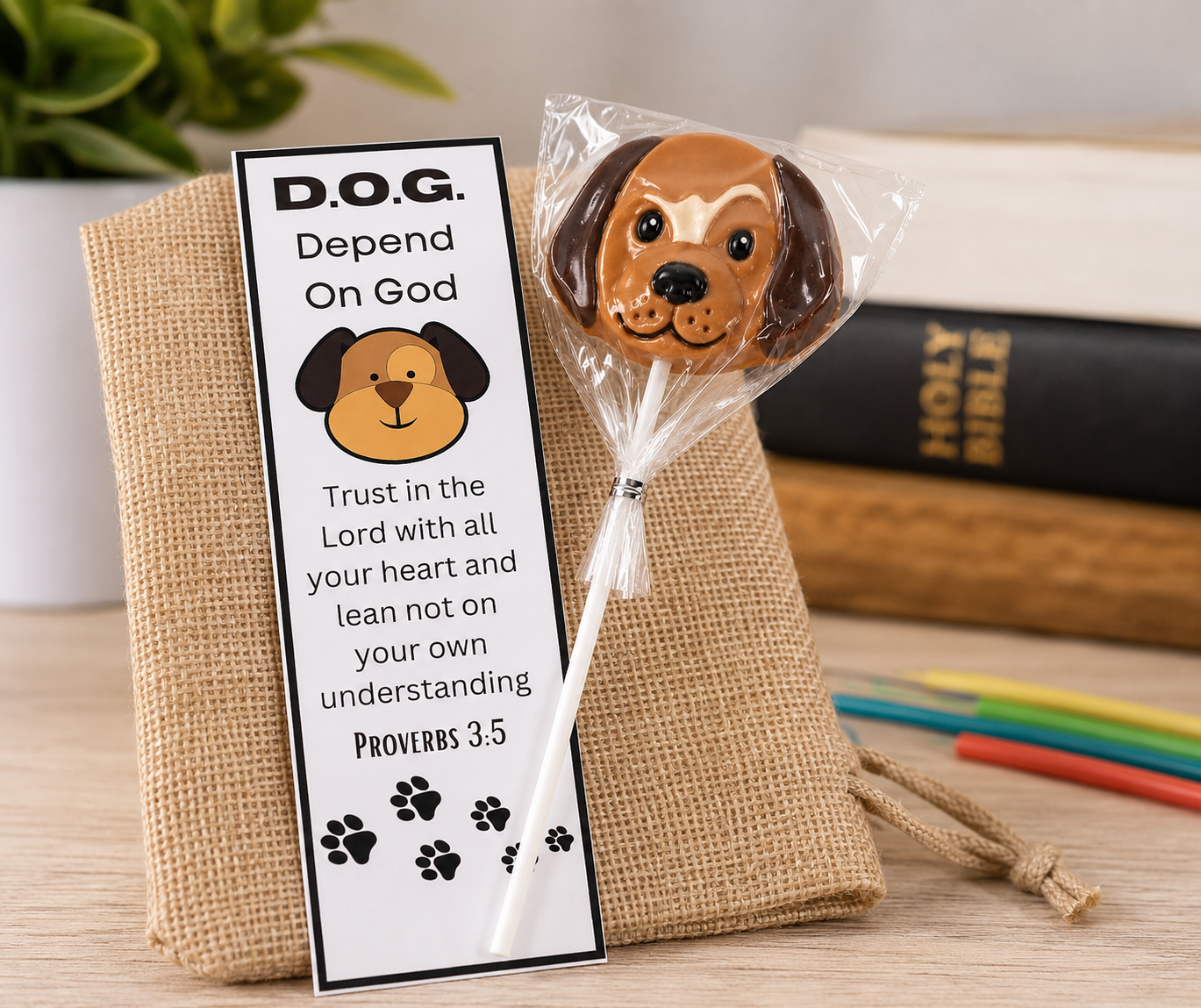Depend on God Bookmarks with Dog Lollipops – Bulk Pack of 12 | Christian Party Favors for VBS & Sunday School