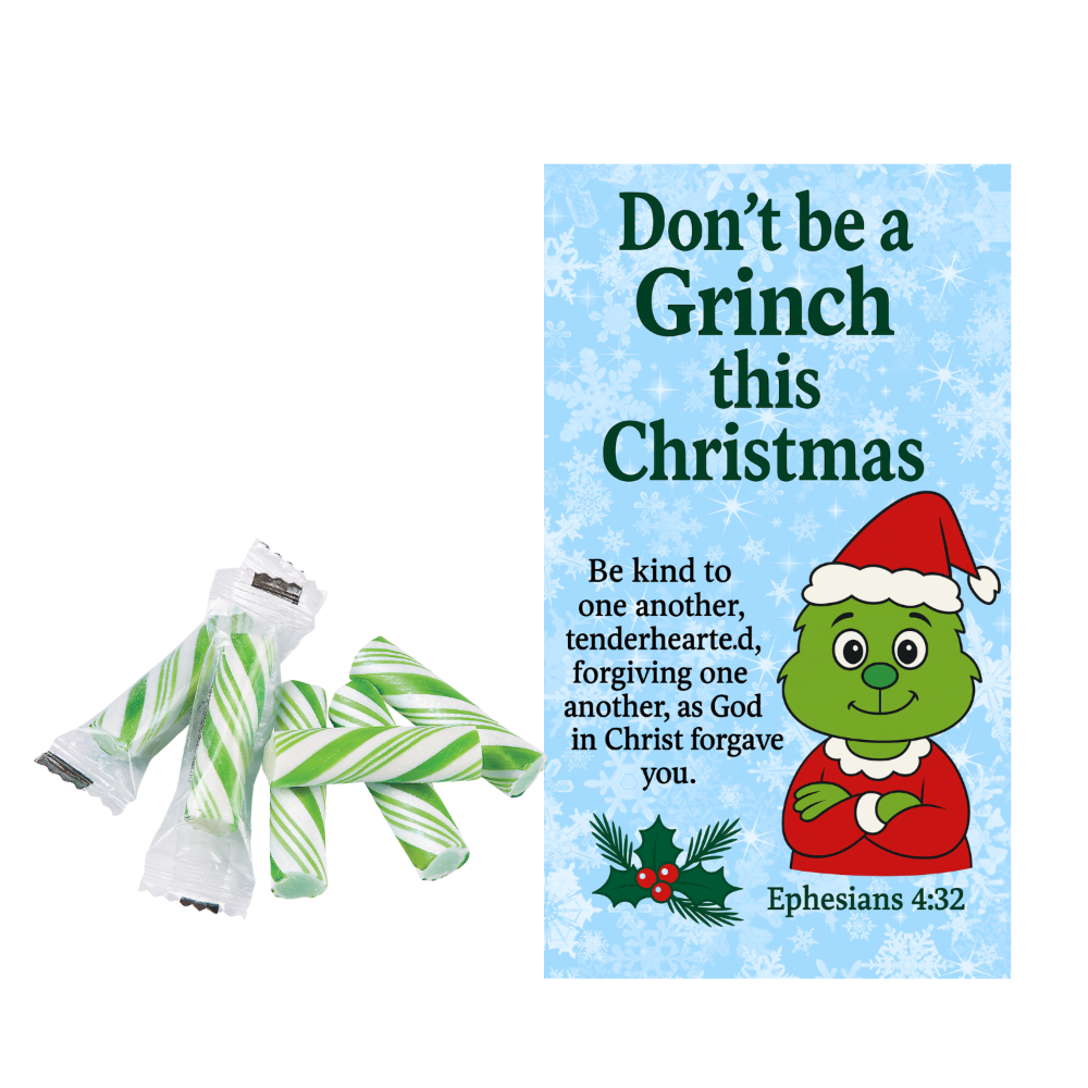 Christmas-themed candy with Grinch illustration and motivational quote on a blue background