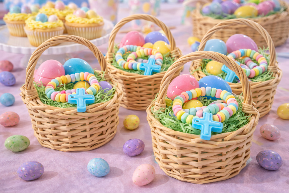 Decorative Easter baskets with pastel eggs and crosses on a pink background