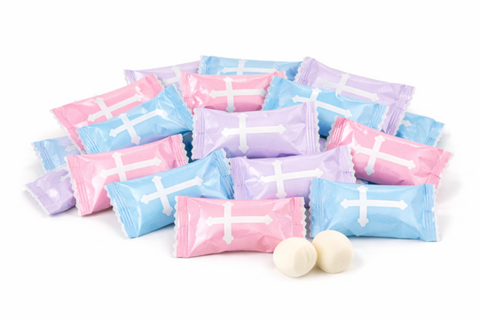 Pastel-colored packages with white crosses on a white background
