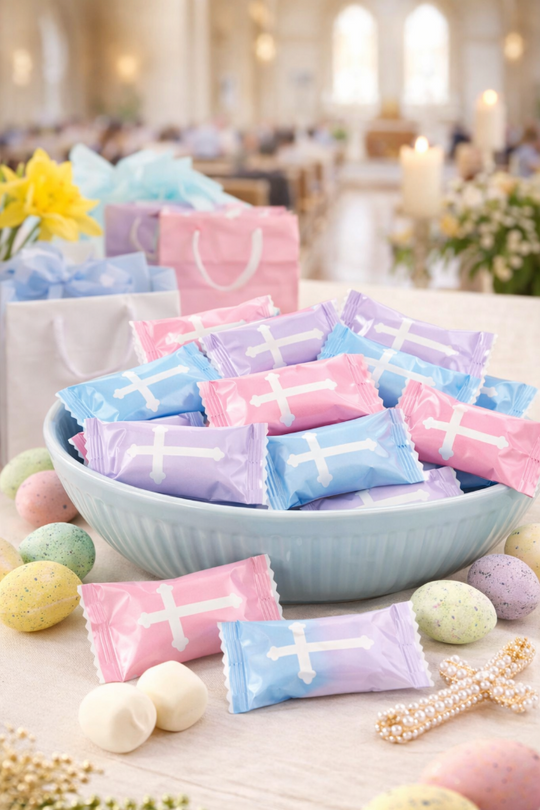 Pastel wrapped candies in a bowl with Easter eggs and flowers in a church setting