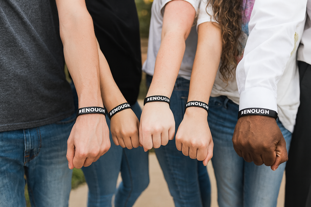Five people holding hands with 'ENOUGH' wristbands on a blurred background