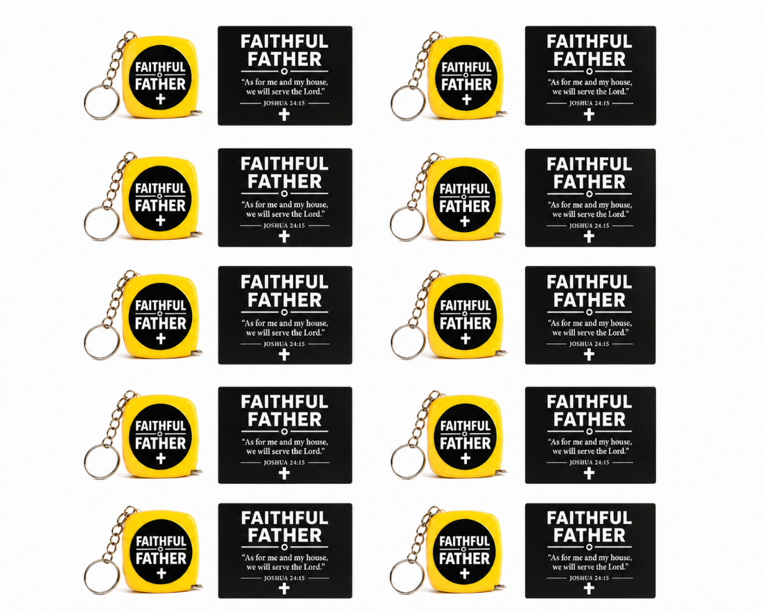 Multiple 'Faithful Father' keychains and cards displayed on a white background