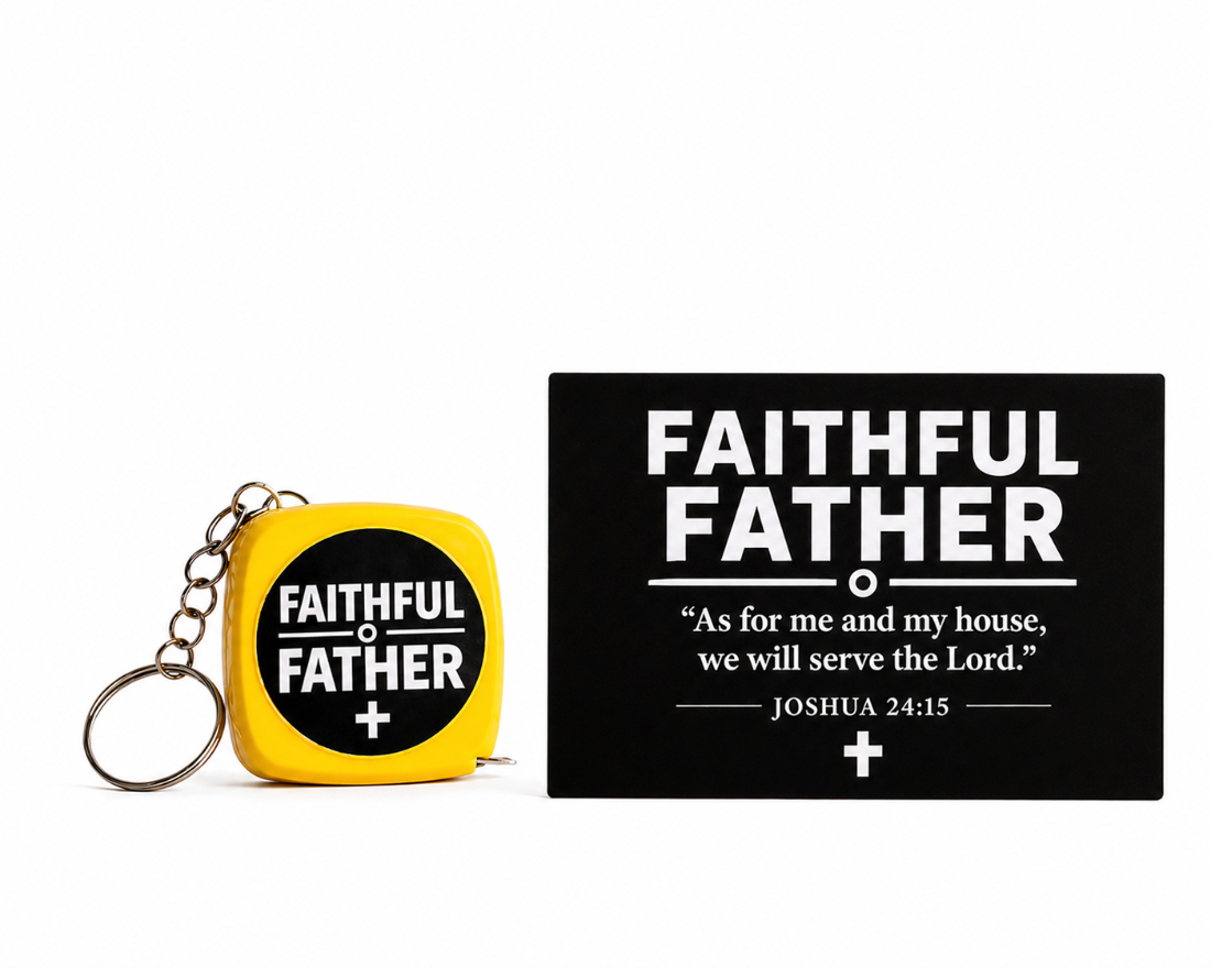 Yellow keychain with 'Faithful Father' text and a black card with similar text on a white background