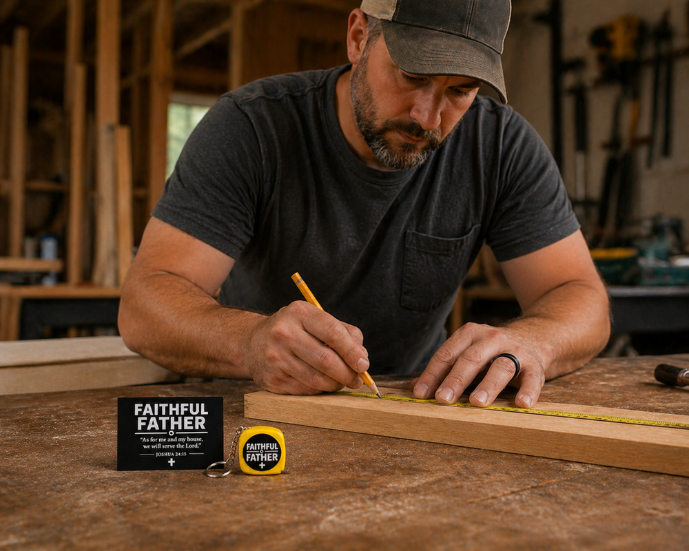 Man measuring wood in a workshop with 'Faithful Father' products on the table.