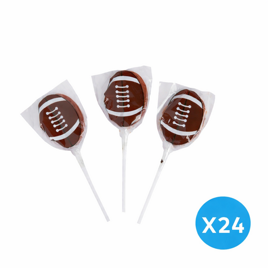 Three football-shaped lollipops in packaging with a blue 'X24' label on a white background.