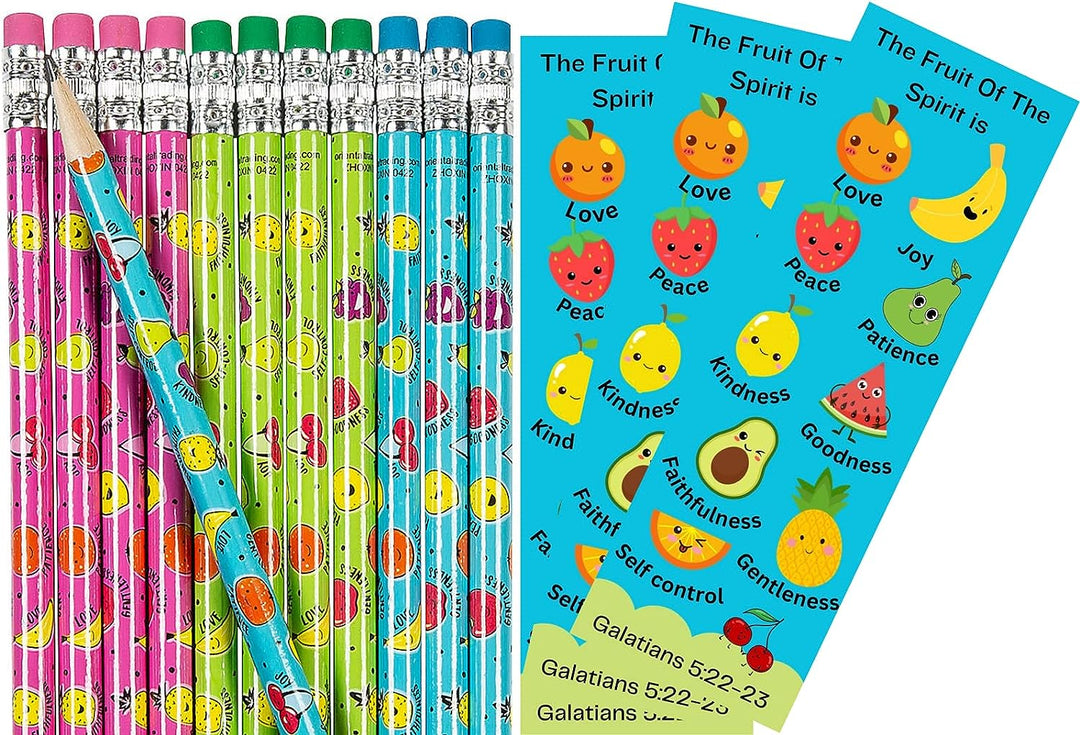 24 Sets of Fruit of The Spirit Bookmarks for Kids with Fruit of The Spirit Pencils - Vacation Bible School - Church Award Prizes - Galatians 5:22-23
