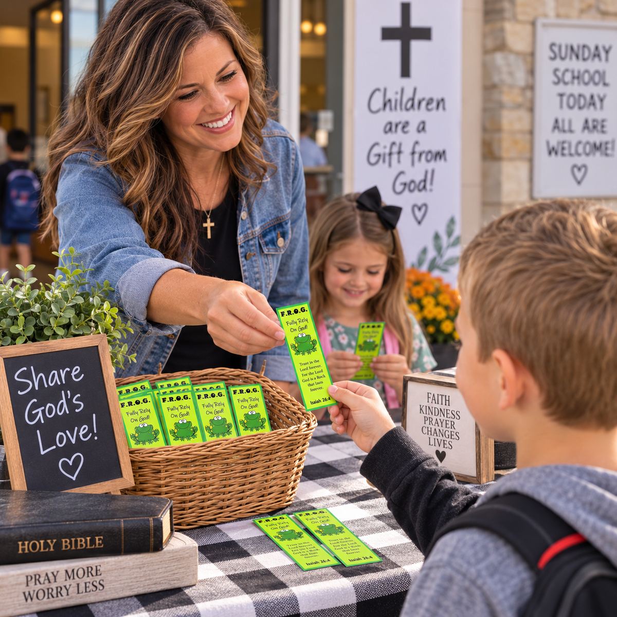 A woman and a young girl are handing out bright green prayer cards at a faith-based school or church booth, with a boy in the foreground and signs in the background.